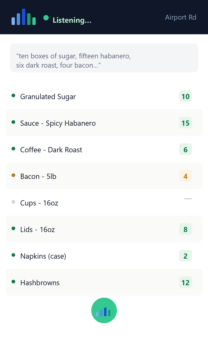 Invutech voice count sheet filling live as the user speaks